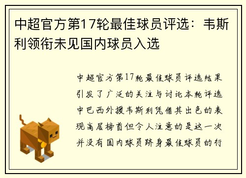 中超官方第17轮最佳球员评选：韦斯利领衔未见国内球员入选