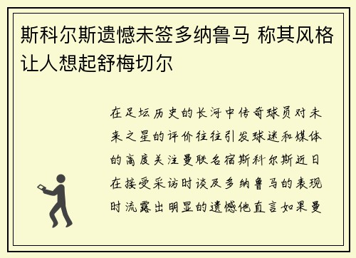 斯科尔斯遗憾未签多纳鲁马 称其风格让人想起舒梅切尔